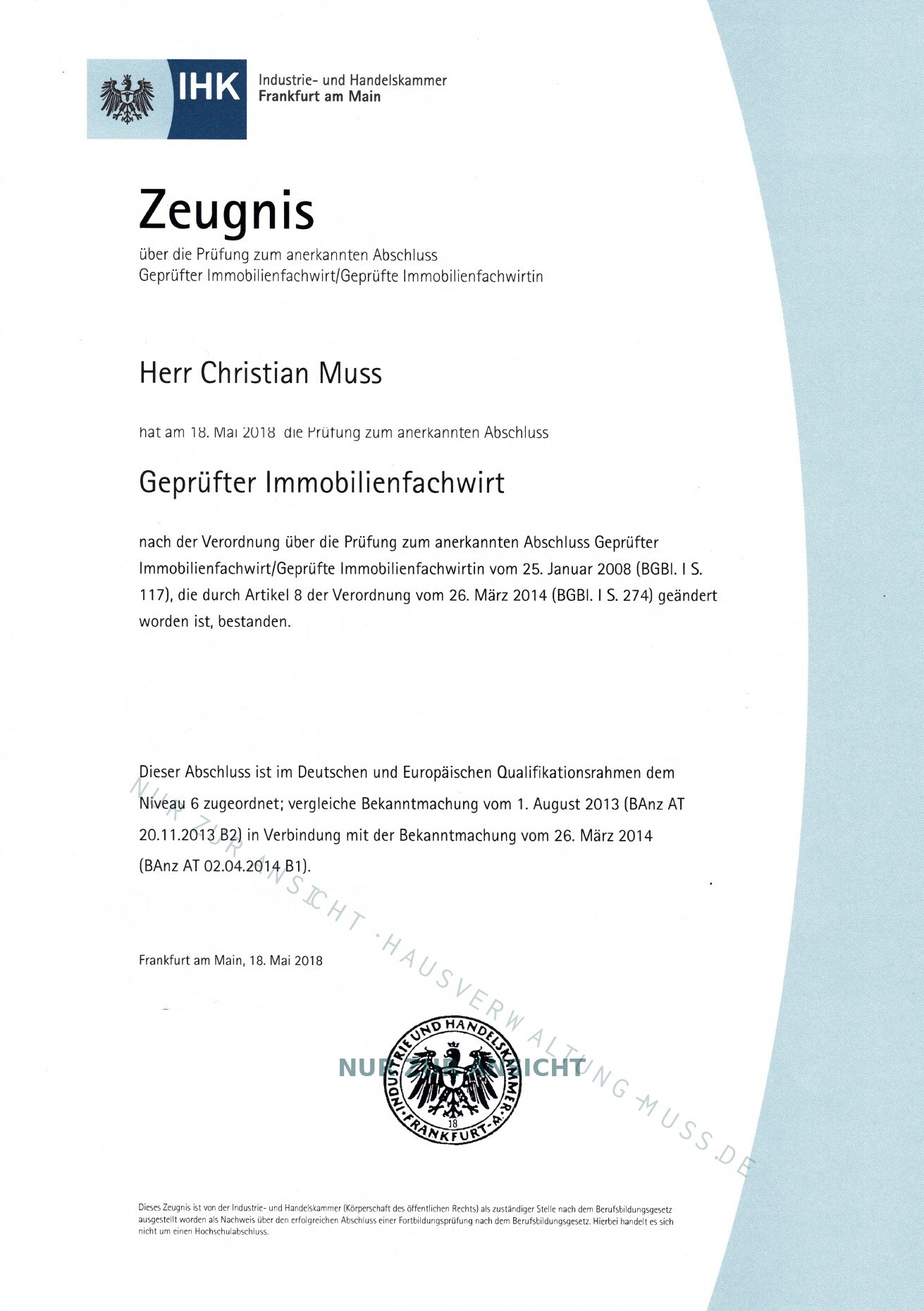 IHK-Zeugnis von Christian Muss über den Abschluss Geprüfter Immobilienfachwirt