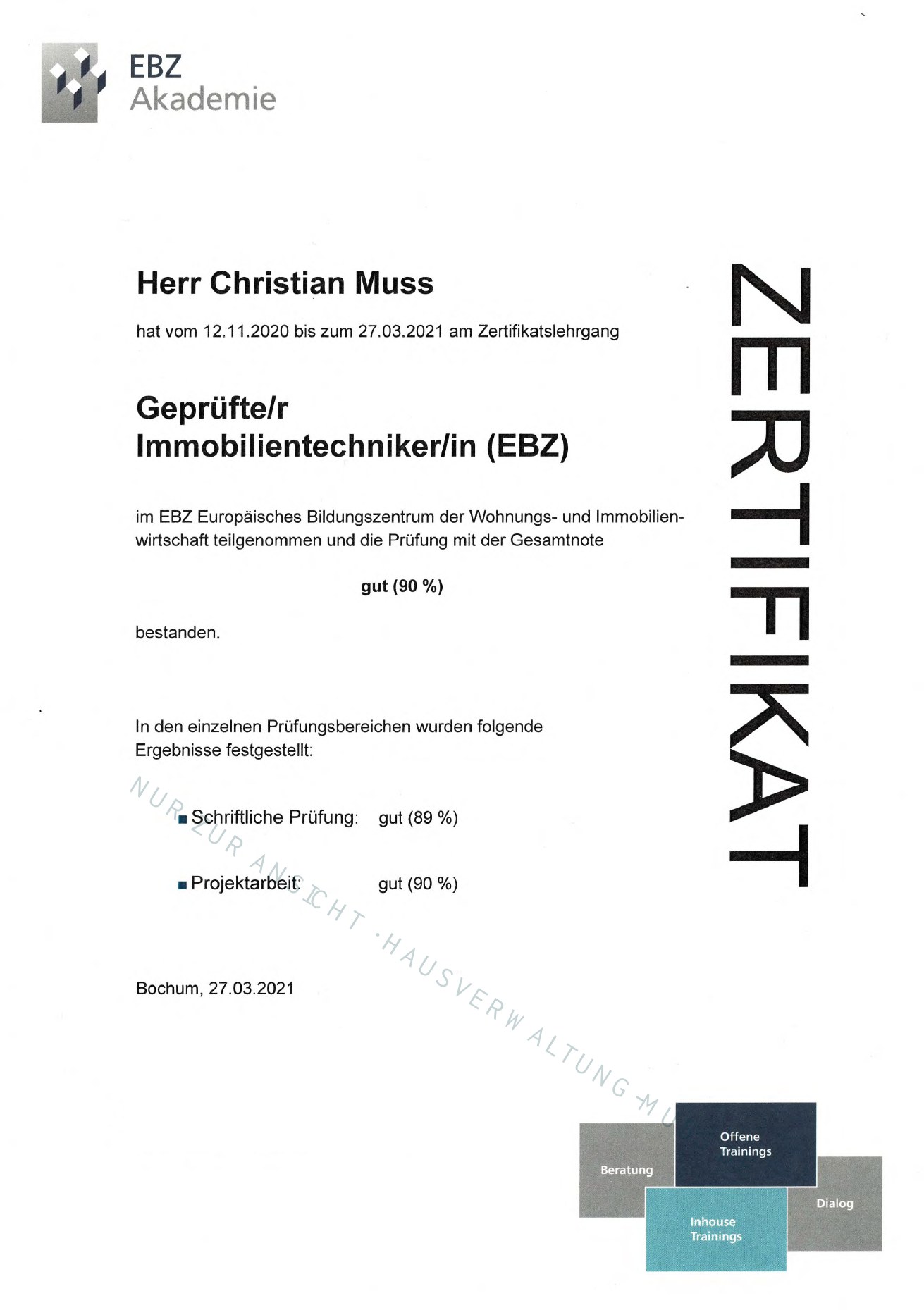 EBZ-Zertifikat von Christian Muss über den Abschluss Geprüfter Immobilientechniker